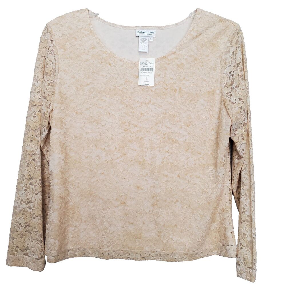 Coldwater Creek Tan Lace Lined Long Sleeve Blouse Size Large NWT